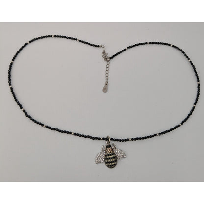 Goth 925 Rhinestone Bee Pendant Black Beaded Necklace Sparkly Insect Jewelry