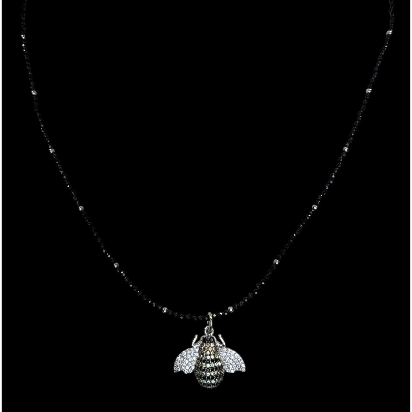 Goth 925 Rhinestone Bee Pendant Black Beaded Necklace Sparkly Insect Jewelry