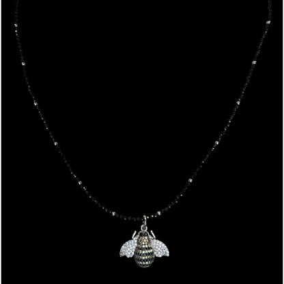 Goth 925 Rhinestone Bee Pendant Black Beaded Necklace Sparkly Insect Jewelry