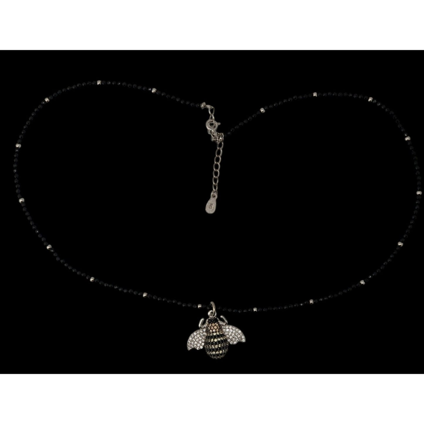 Goth 925 Rhinestone Bee Pendant Black Beaded Necklace Sparkly Insect Jewelry