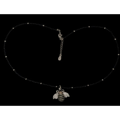 Goth 925 Rhinestone Bee Pendant Black Beaded Necklace Sparkly Insect Jewelry