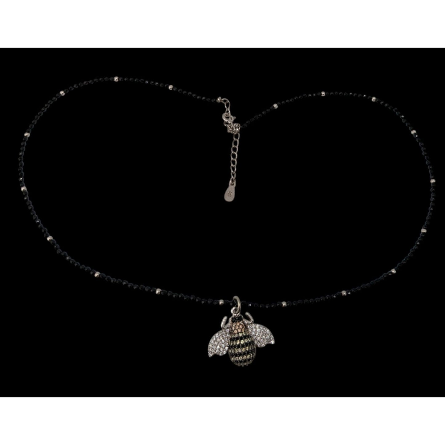 Goth 925 Rhinestone Bee Pendant Black Beaded Necklace Sparkly Insect Jewelry
