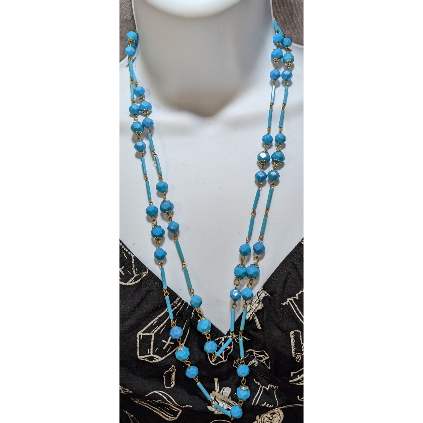 Vintage Long Turquoise Tone Beaded Necklace