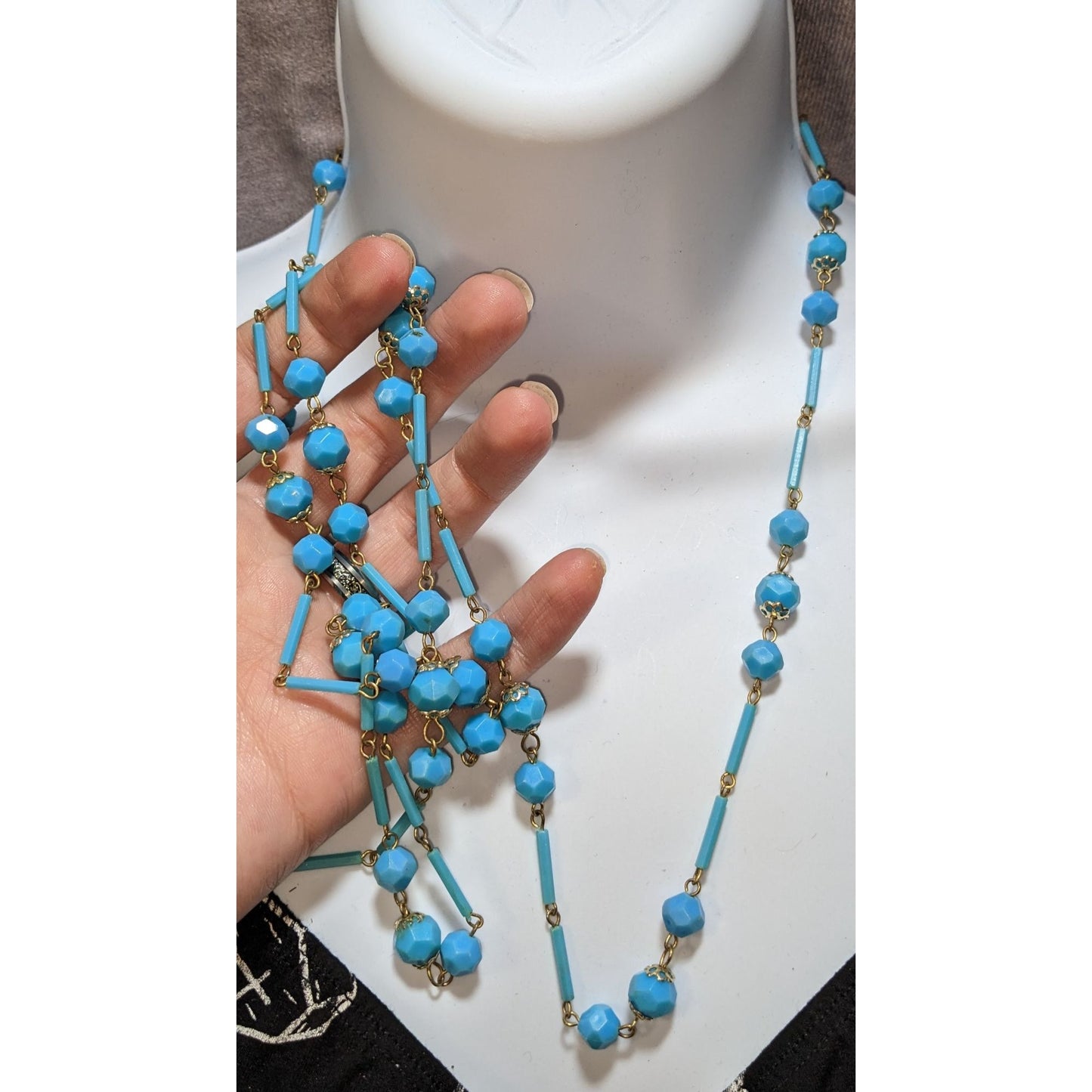 Vintage Long Turquoise Tone Beaded Necklace