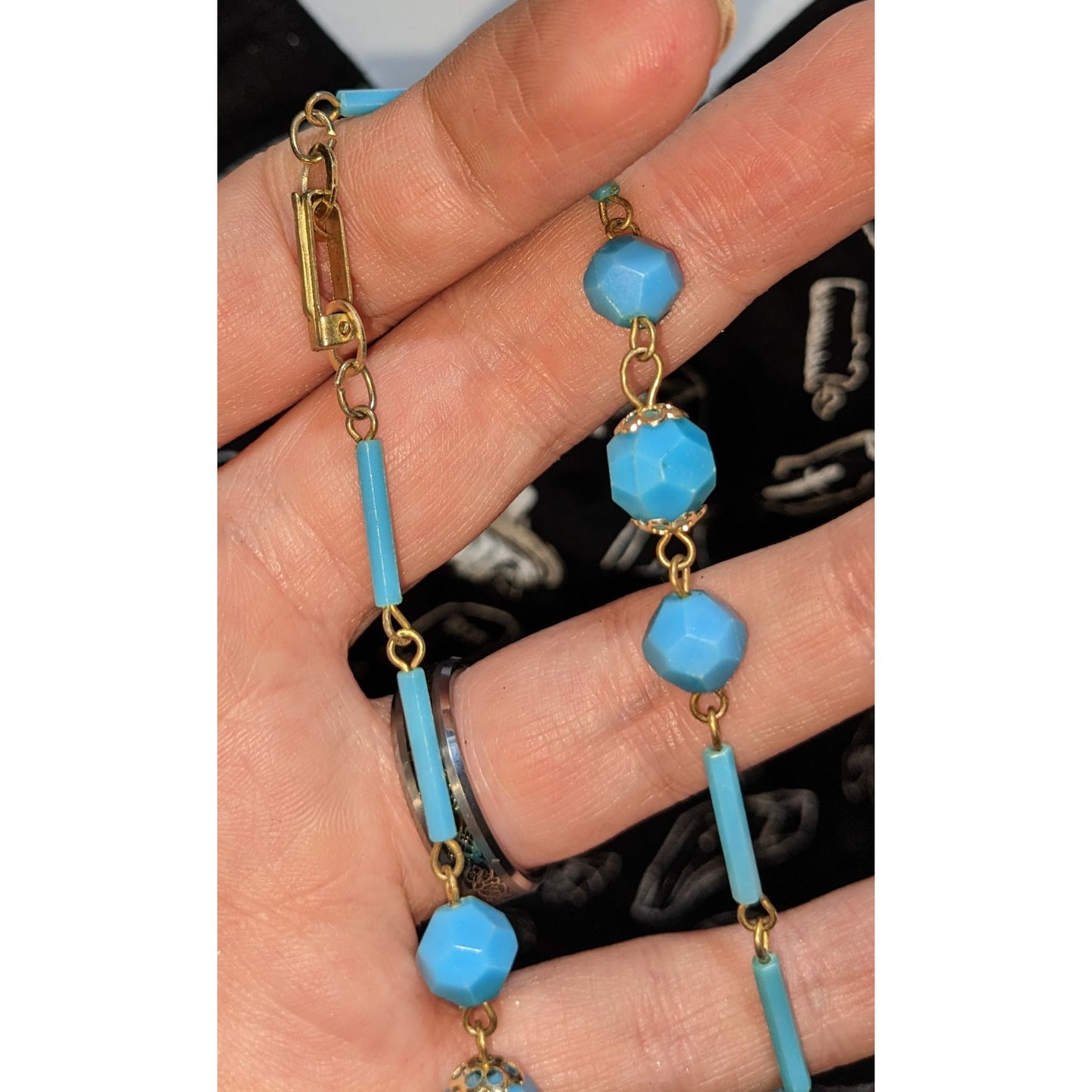 Vintage Long Turquoise Tone Beaded Necklace