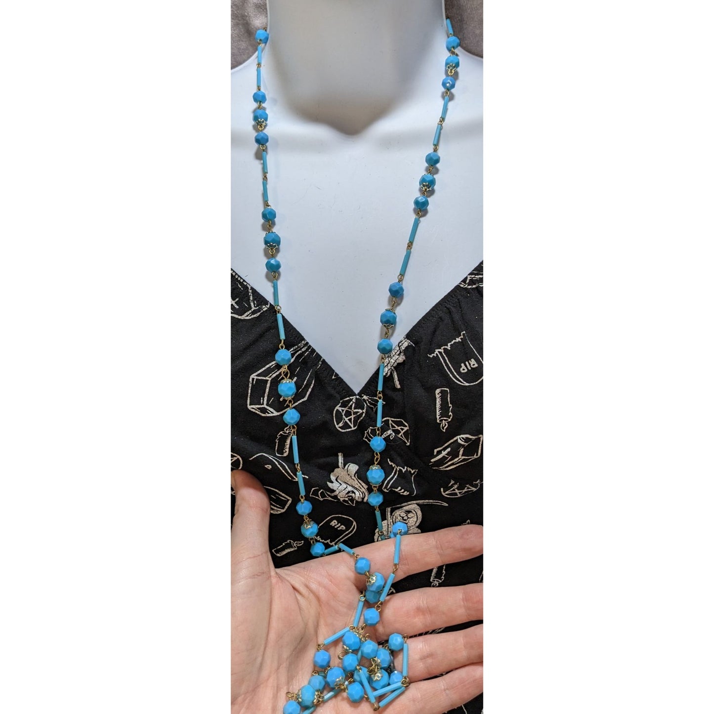 Vintage Long Turquoise Tone Beaded Necklace