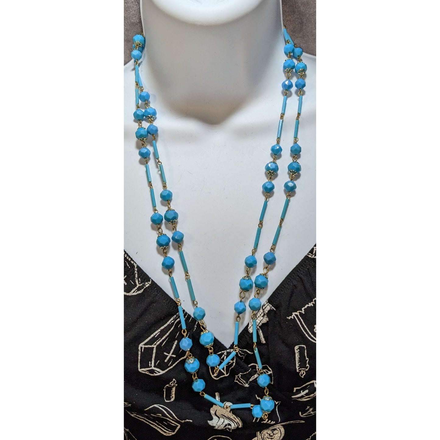 Vintage Long Turquoise Tone Beaded Necklace