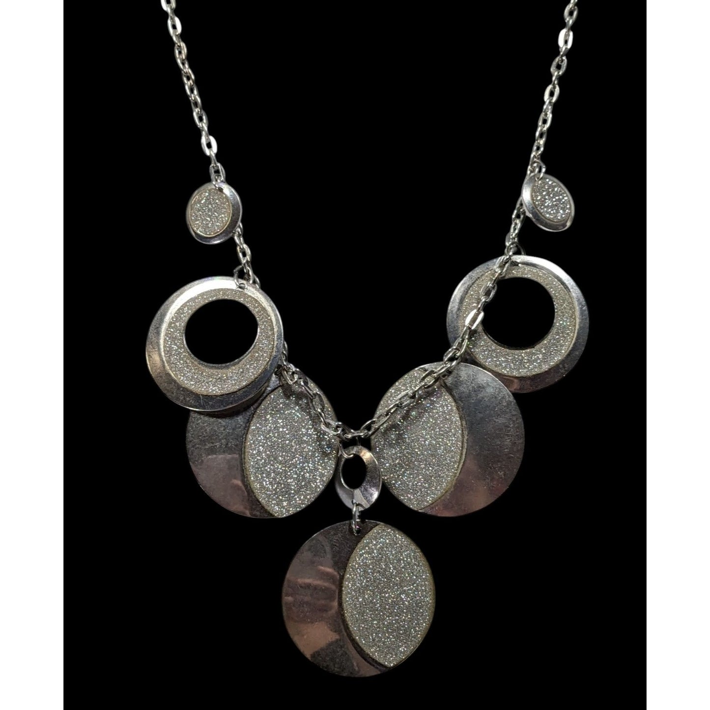 Whimsical Glitter Silver Tone Medallion Charm Necklace