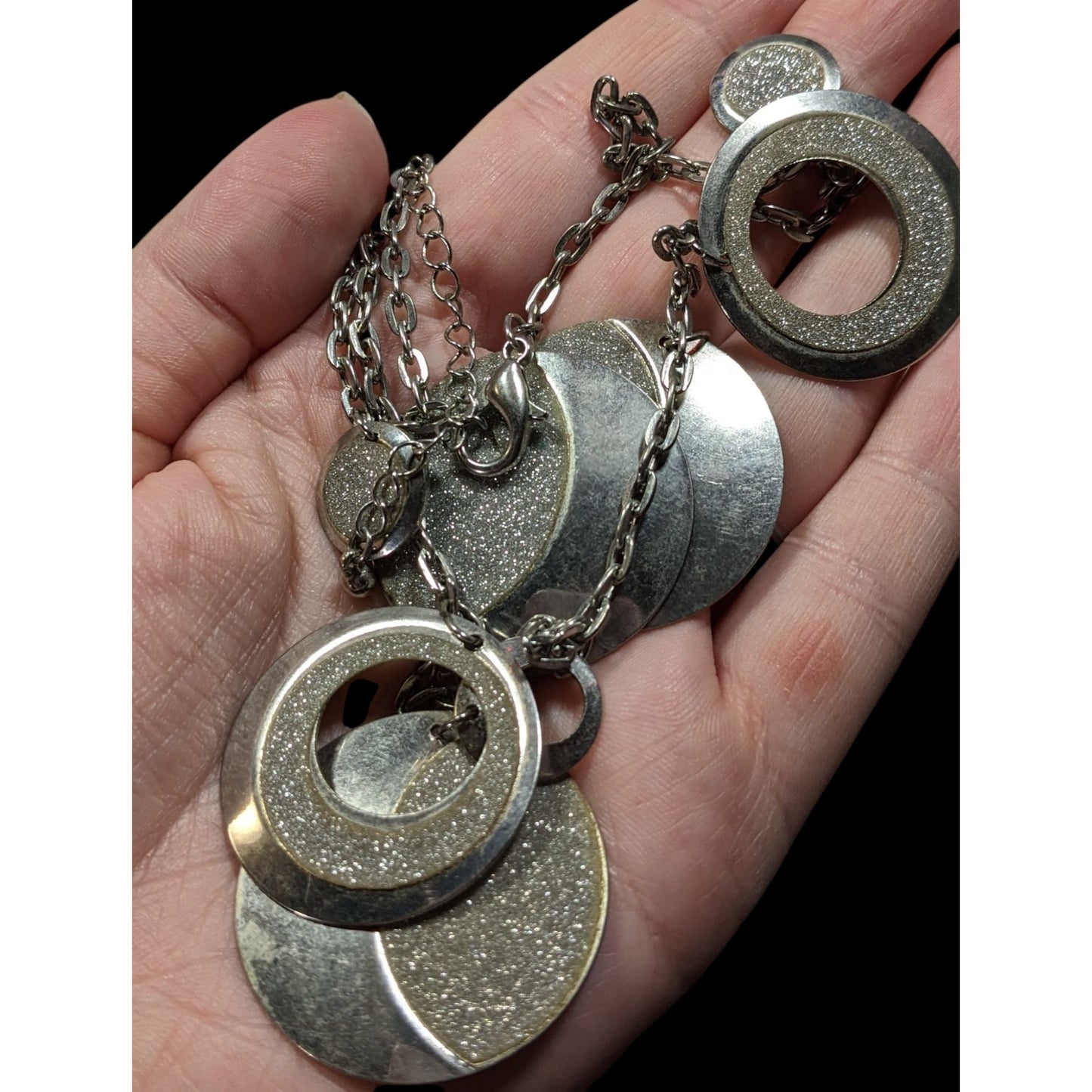 Whimsical Glitter Silver Tone Medallion Charm Necklace