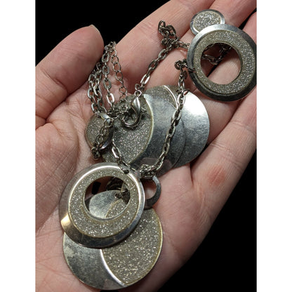 Whimsical Glitter Silver Tone Medallion Charm Necklace