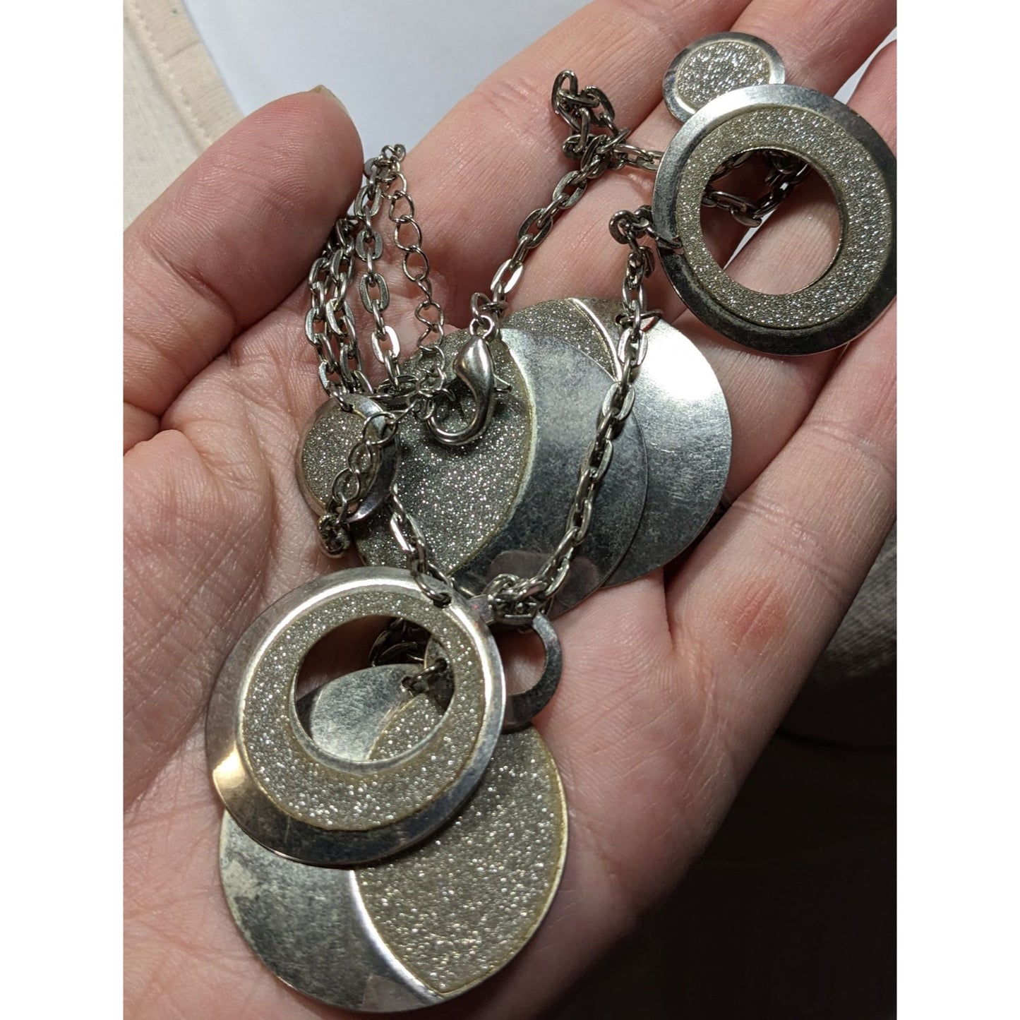 Whimsical Glitter Silver Tone Medallion Charm Necklace