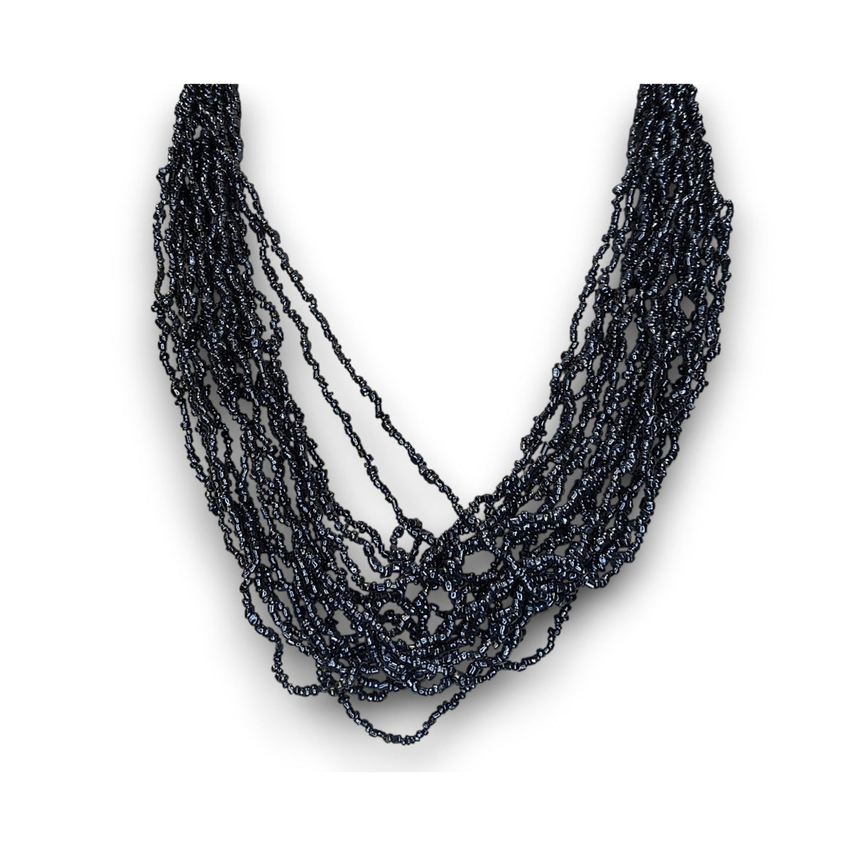 Gothic Glam Glass Metallic Black Seed Bead Multistrand Necklace 18 Inch