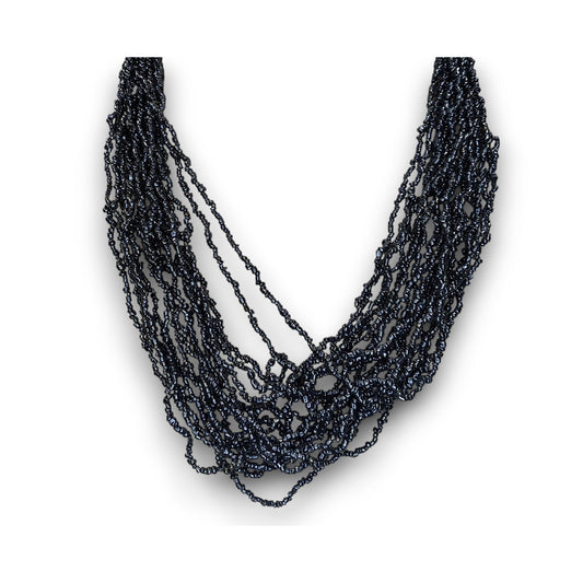 Gothic Glam Glass Metallic Black Seed Bead Multistrand Necklace 18 Inch