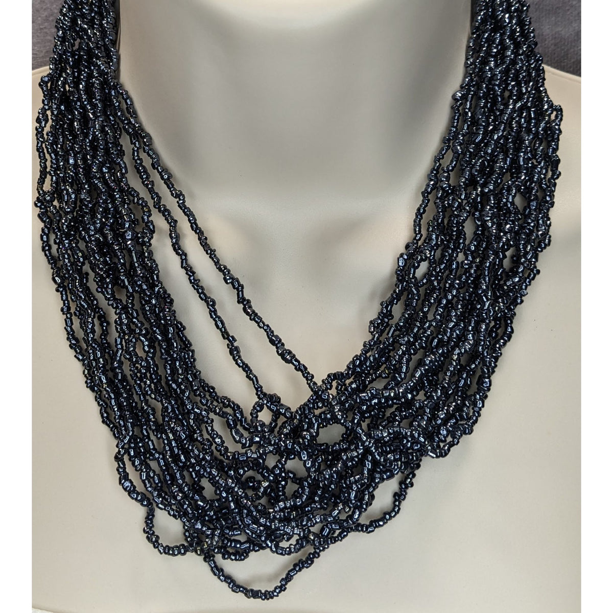 Gothic Glam Glass Metallic Black Seed Bead Multistrand Necklace 18 Inch