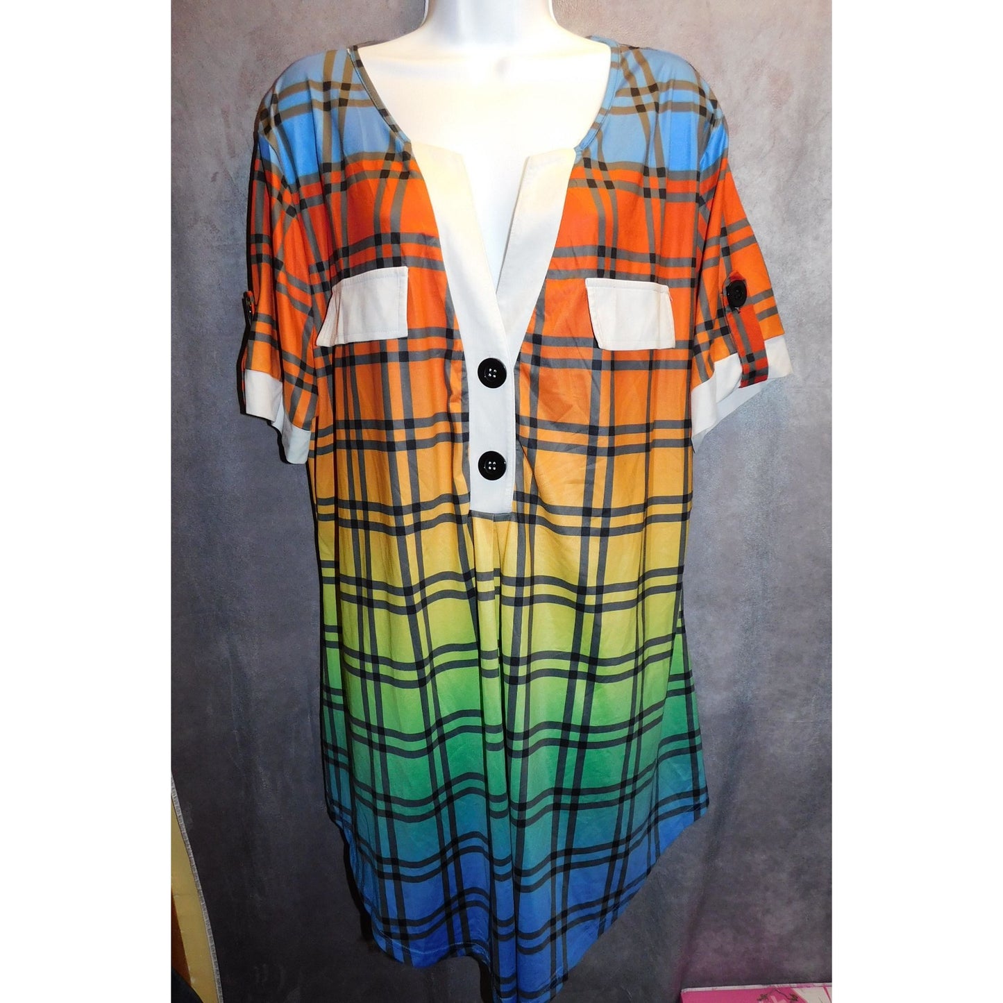 Casual Rainbow Gradient Plaid Lounge Shirt