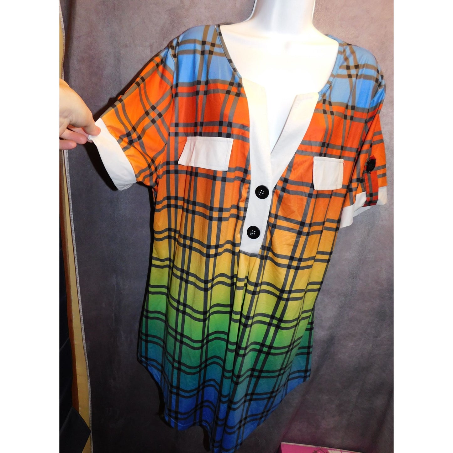 Casual Rainbow Gradient Plaid Lounge Shirt