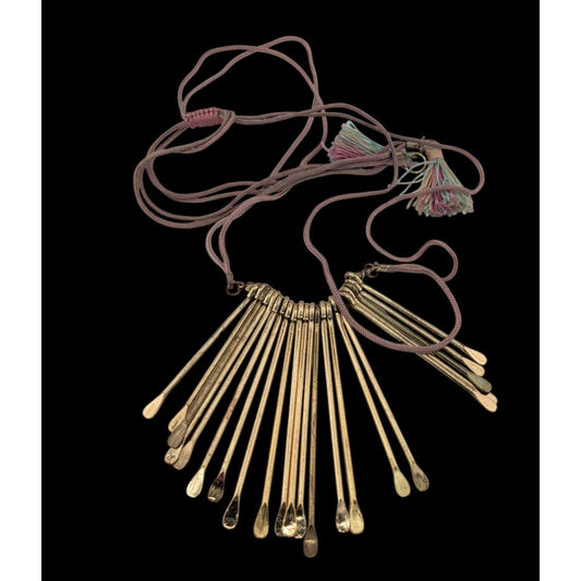 Vintage Bohemian Gold-Tone Spiked Necklace With Pink Cord & Tassel Details