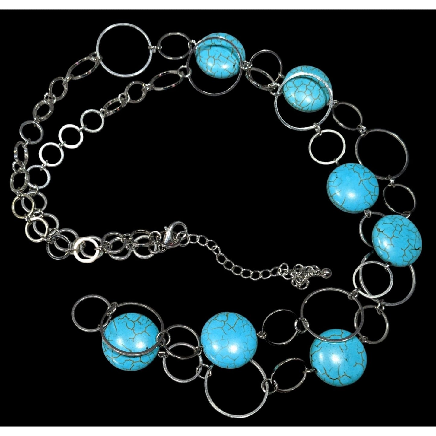 Bohemian Faux Turquoise Silver Tone Ring Chain Necklace