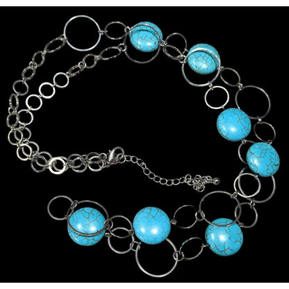 Bohemian Faux Turquoise Silver Tone Ring Chain Necklace