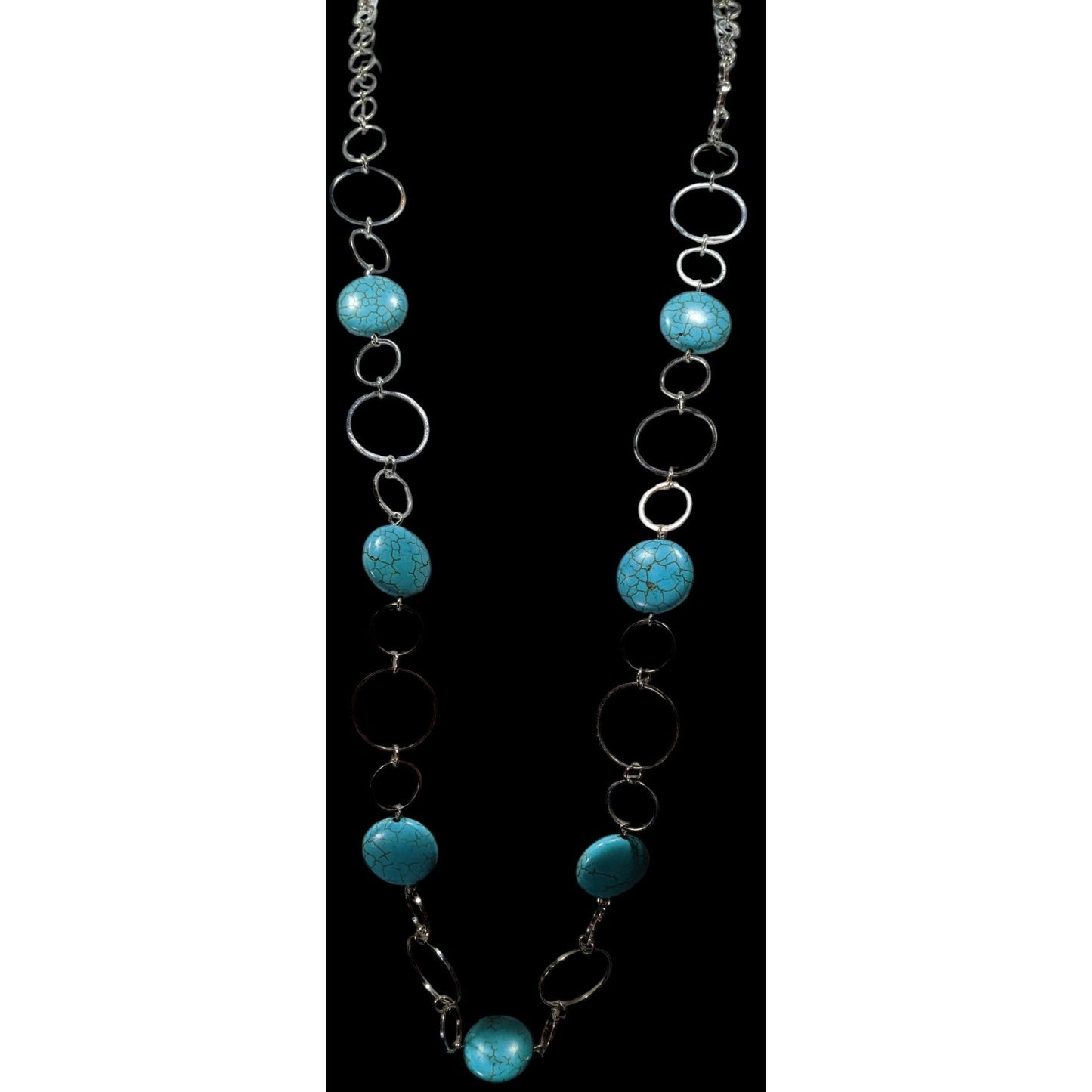 Bohemian Faux Turquoise Silver Tone Ring Chain Necklace