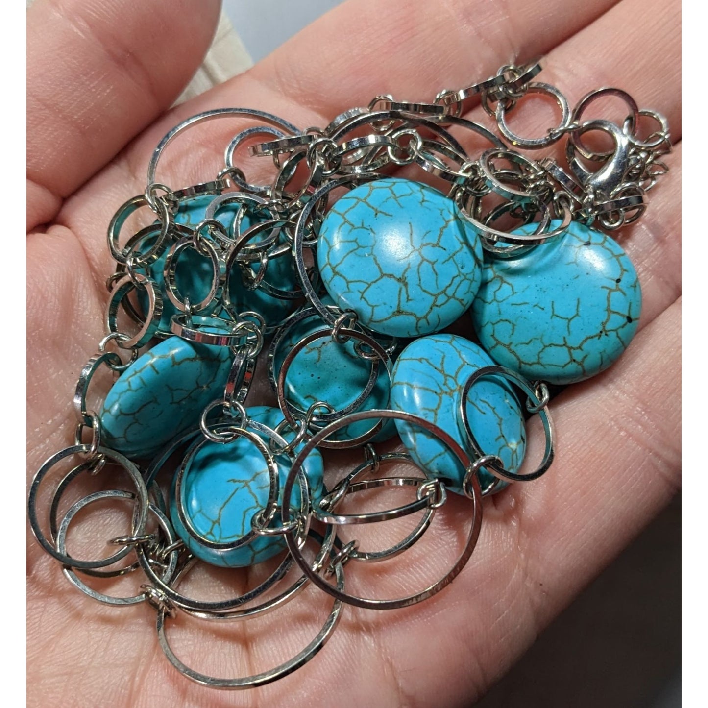 Bohemian Faux Turquoise Silver Tone Ring Chain Necklace