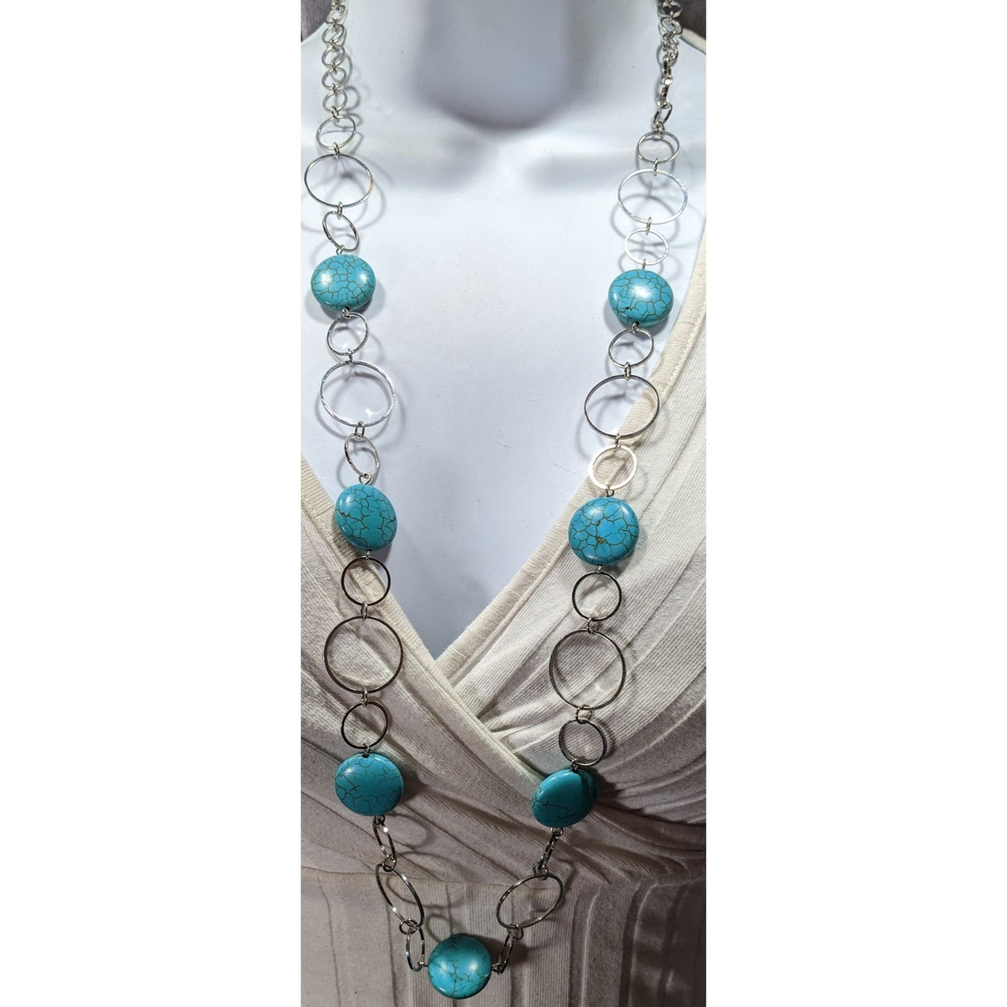 Bohemian Faux Turquoise Silver Tone Ring Chain Necklace
