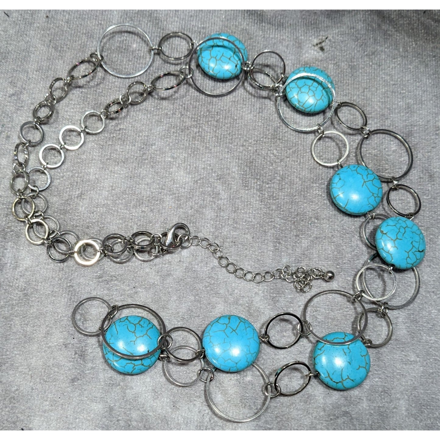 Bohemian Faux Turquoise Silver Tone Ring Chain Necklace