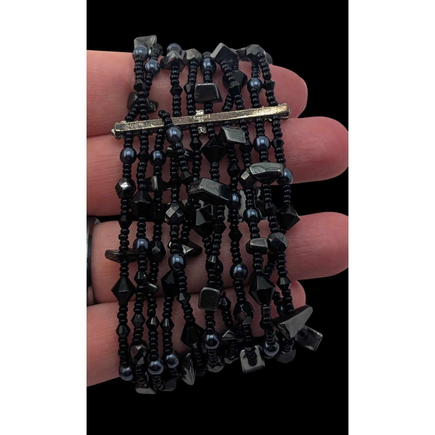 Goth Black Multistrand Beaded Bracelet Glass Geometric Statement Cuff
