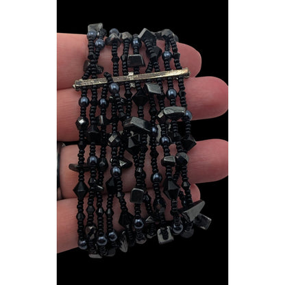 Goth Black Multistrand Beaded Bracelet Glass Geometric Statement Cuff
