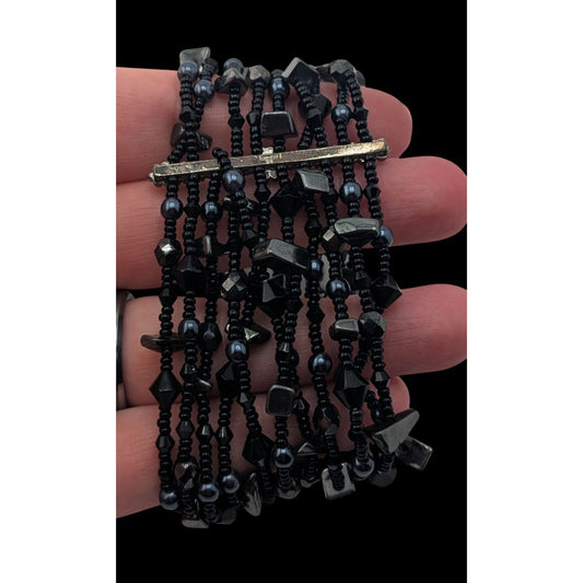 Goth Black Multistrand Beaded Bracelet Glass Geometric Statement Cuff