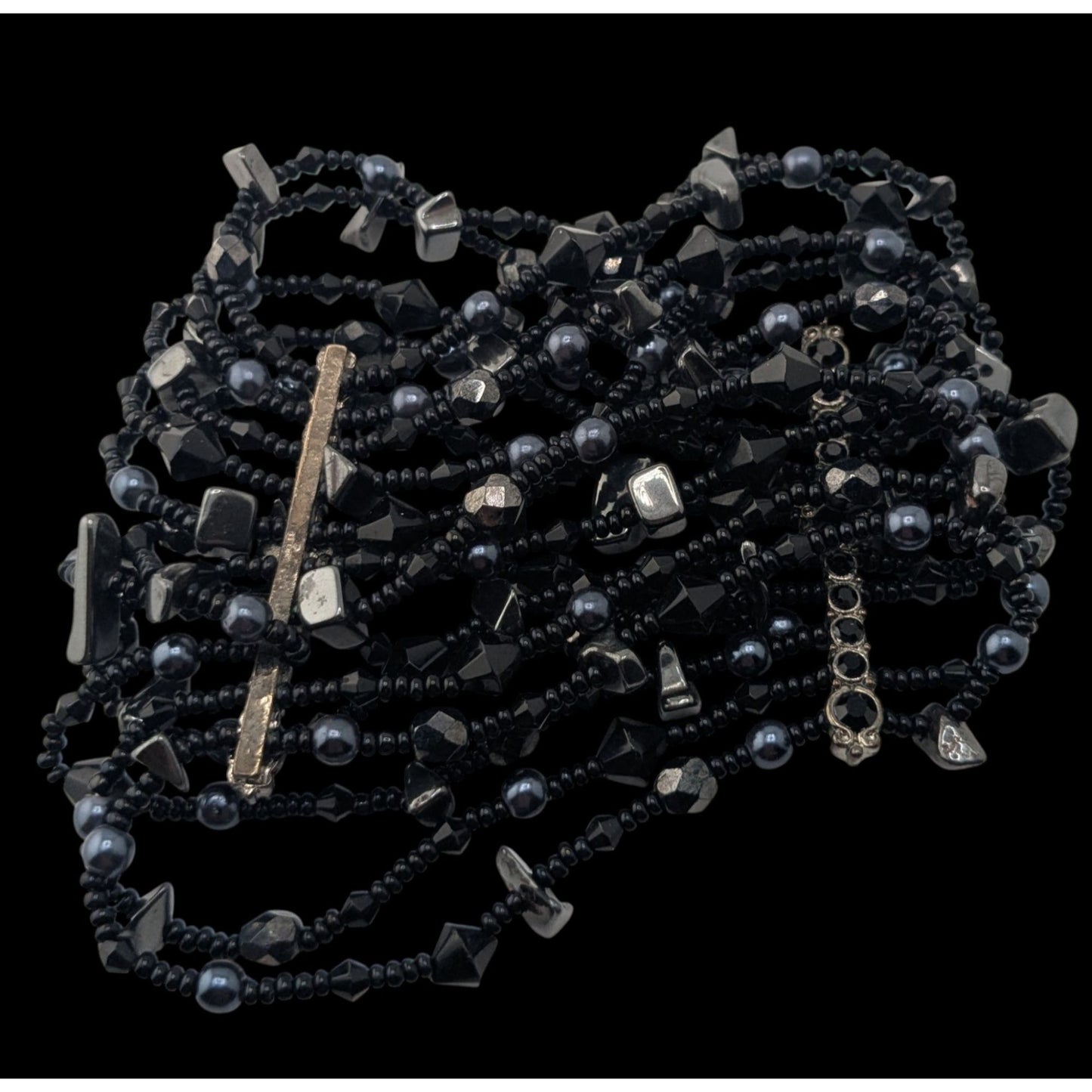 Goth Black Multistrand Beaded Bracelet Glass Geometric Statement Cuff