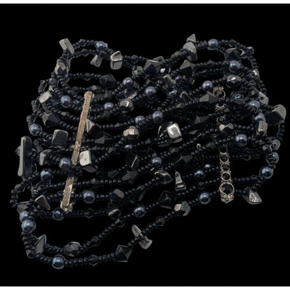 Goth Black Multistrand Beaded Bracelet Glass Geometric Statement Cuff