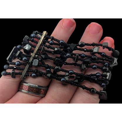 Goth Black Multistrand Beaded Bracelet Glass Geometric Statement Cuff