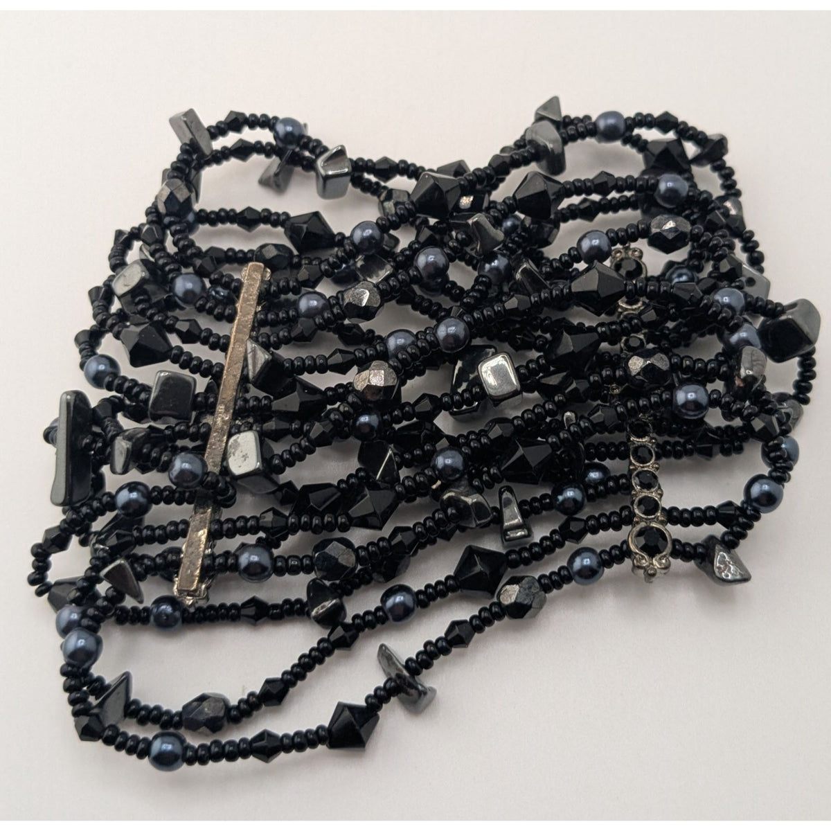 Goth Black Multistrand Beaded Bracelet Glass Geometric Statement Cuff