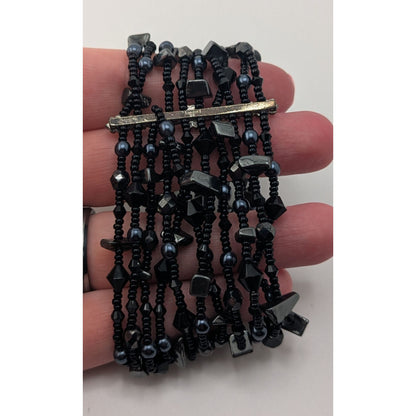 Goth Black Multistrand Beaded Bracelet Glass Geometric Statement Cuff