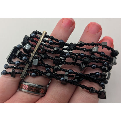 Goth Black Multistrand Beaded Bracelet Glass Geometric Statement Cuff
