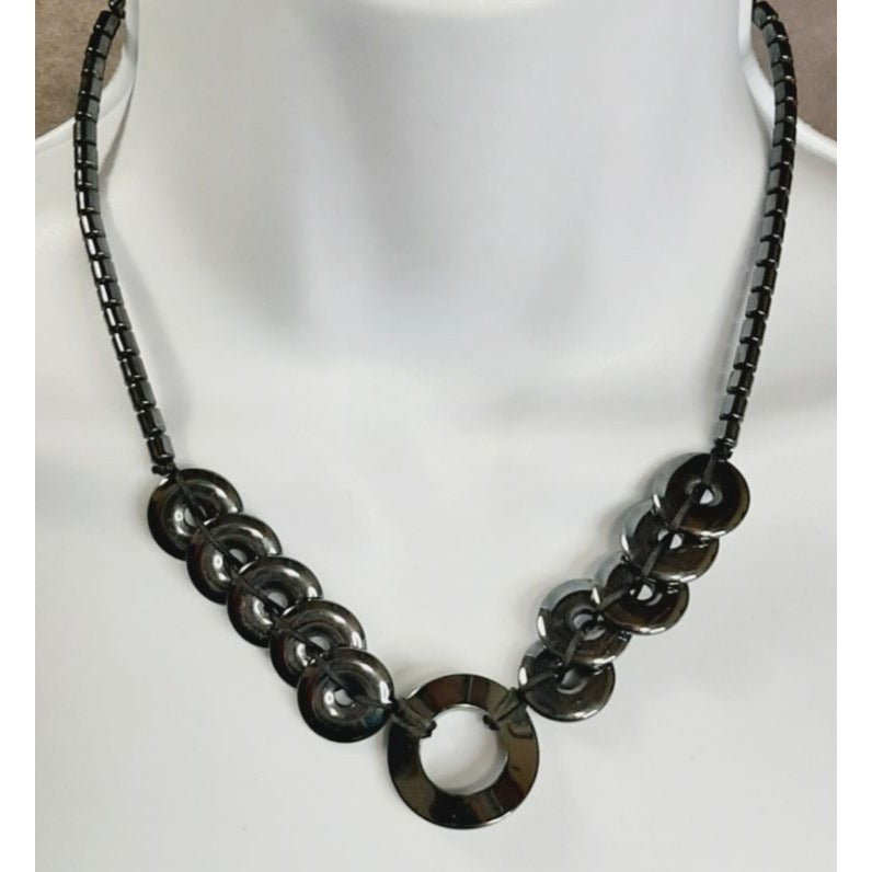 Hematite Necklace With Circular Pendant & Beaded Chain