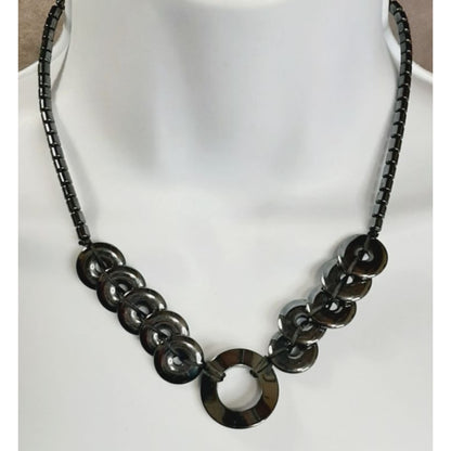 Hematite Necklace With Circular Pendant & Beaded Chain