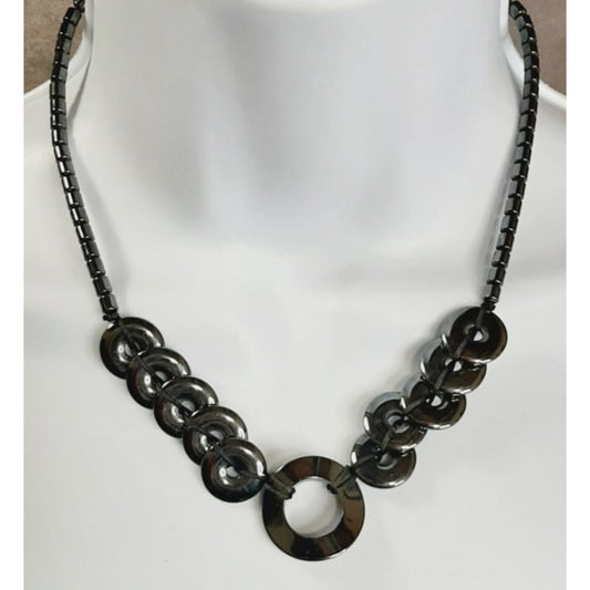 Hematite Necklace With Circular Pendant & Beaded Chain
