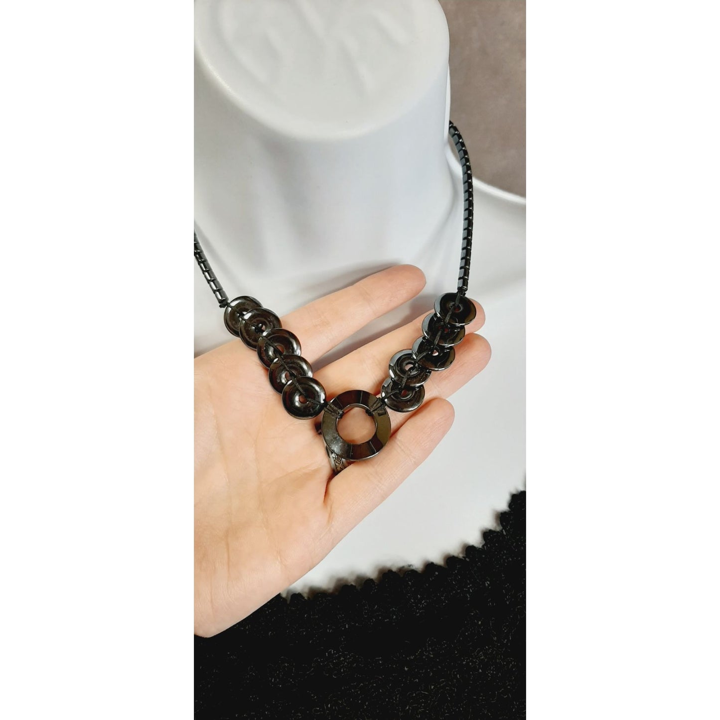 Hematite Necklace With Circular Pendant & Beaded Chain