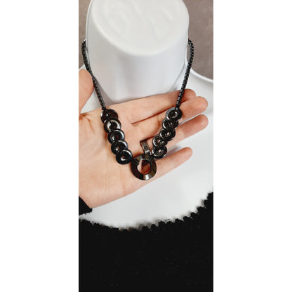 Hematite Necklace With Circular Pendant & Beaded Chain