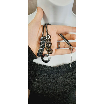 Hematite Necklace With Circular Pendant & Beaded Chain