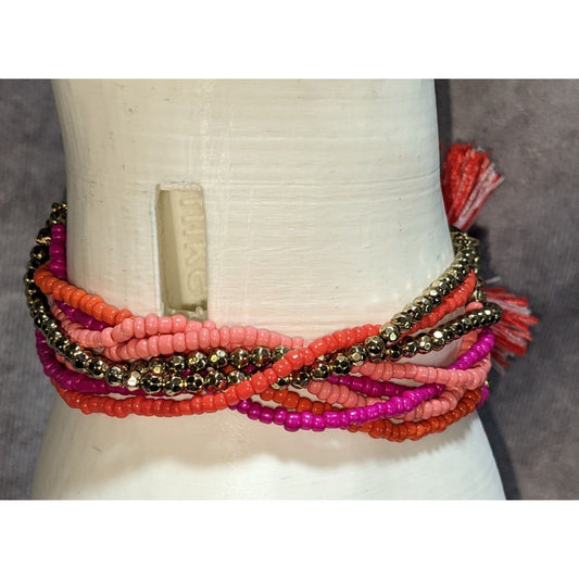 Boho BaubleBar Multistrand Seed Bead Tassel Bracelet Pink Coral Gold