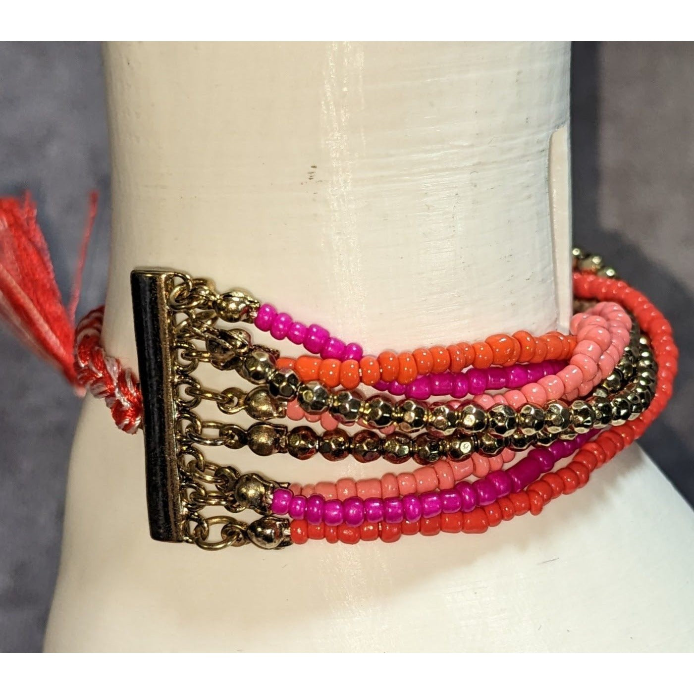 Boho BaubleBar Multistrand Seed Bead Tassel Bracelet Pink Coral Gold