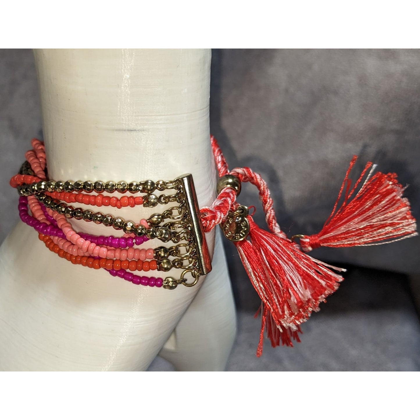 Boho BaubleBar Multistrand Seed Bead Tassel Bracelet Pink Coral Gold