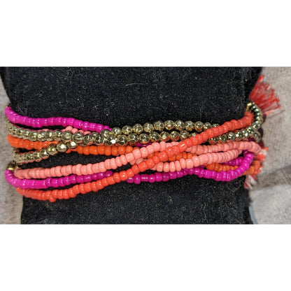 Boho BaubleBar Multistrand Seed Bead Tassel Bracelet Pink Coral Gold