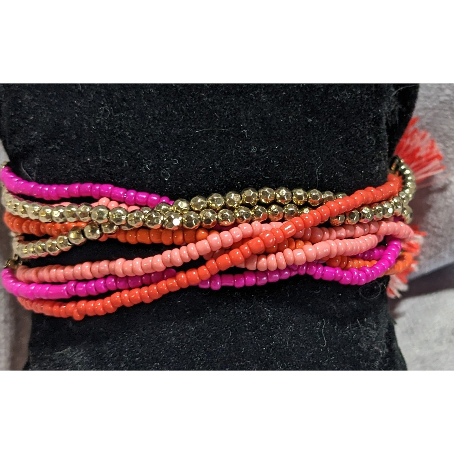 Boho BaubleBar Multistrand Seed Bead Tassel Bracelet Pink Coral Gold