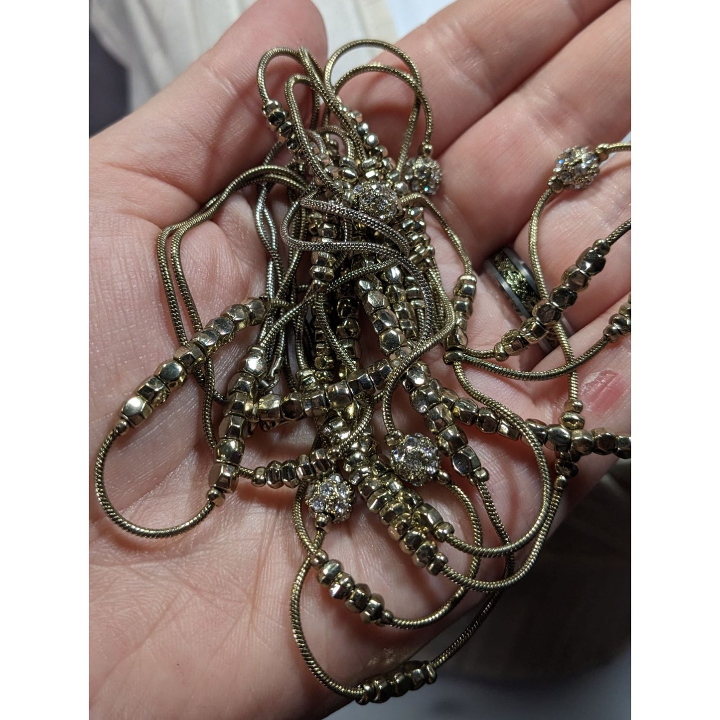 Elegant Glam Silver Tone Bead And Rhinestone Layered Station Necklace