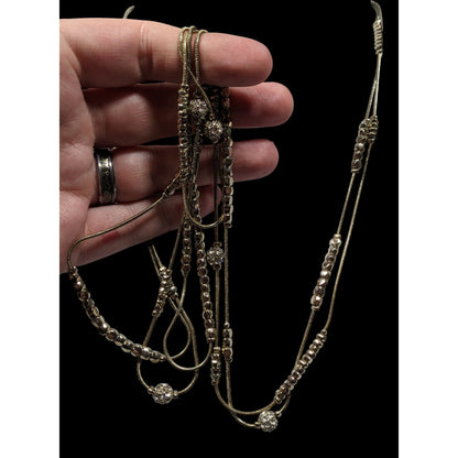 Elegant Glam Silver Tone Bead And Rhinestone Layered Station Necklace