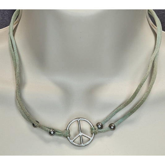 Retro Peace Sign Choker Necklace Pastel Green Silver Hippie Y2K Festival Jewelry